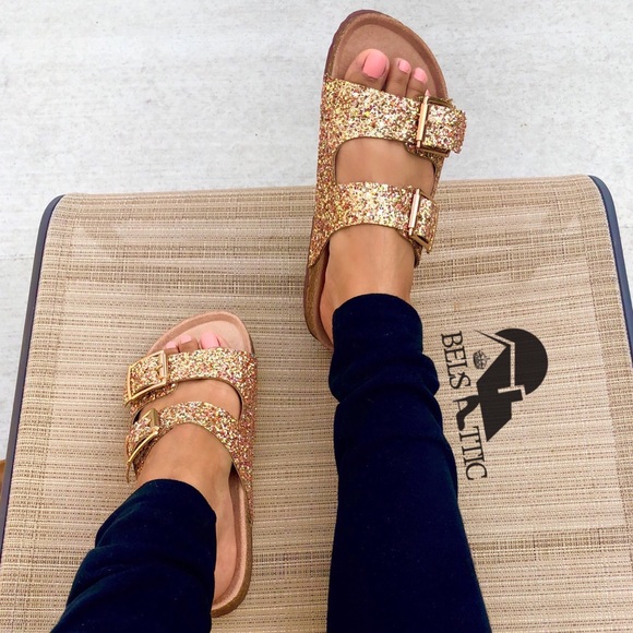Gold Glittered Double Strap Sandal Slides - Picture 4 of 6